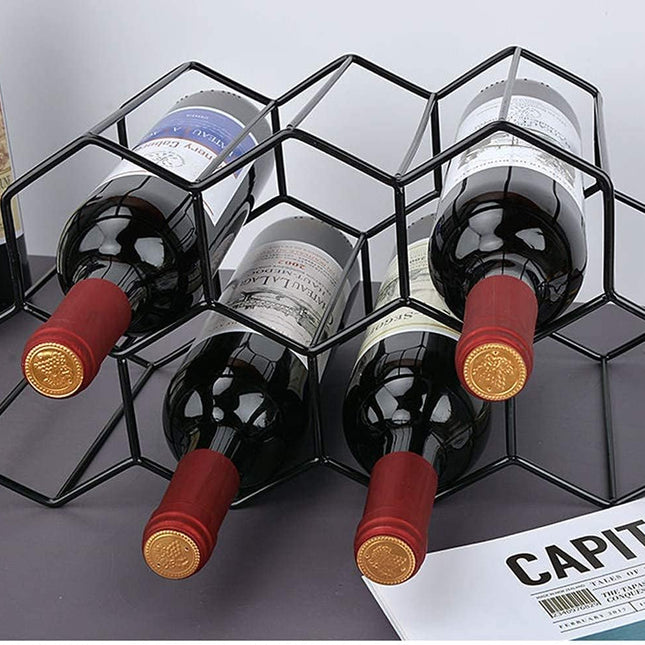 Small Freestanding Wine Rack for Countertop - Honeycomb Metal Wine Rack Stand for 9 Bottles, Black, Wine Rack for Tabletop.