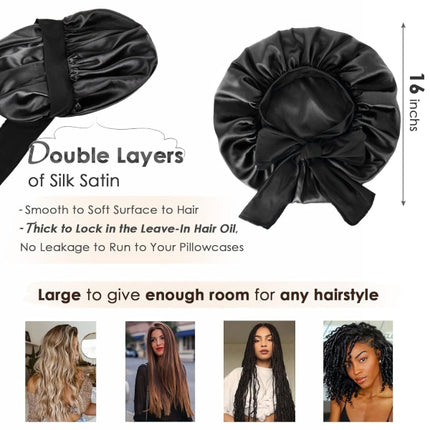 Satin Cap Silk Cap For Sleeping Double Layer Satin Lined Hair Cap With Ribbon Bonnet For Women Naturally Curly Hair Black black.