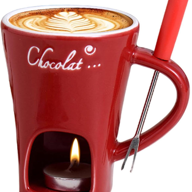 Tealight Fondue Set, Ceramic Melting Pot for Chocolate and Dessert Red.