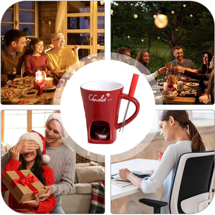 Tealight Fondue Set, Ceramic Melting Pot for Chocolate and Dessert Red.
