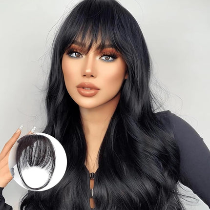 Clip-in Bangs Made of Real Hair, French Bangs Extensions | Natural Colored Clip-on Bangs, Hair Fringe for Women and Girls Natural Black.
