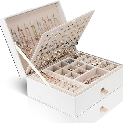 Jewelry Box Organizer for Necklaces, Earrings, Bracelets, Rings, Large PU Leather Jewelry Box with 3 Stackable Layers (White).