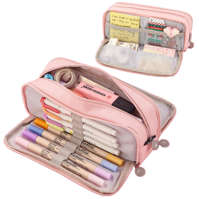 Large Capacity Pencil Case, 3 Compartments, Bag, School Pink.