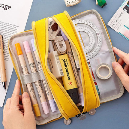 Large Capacity Pencil Case, 3 Compartments, Bag, School Pink.