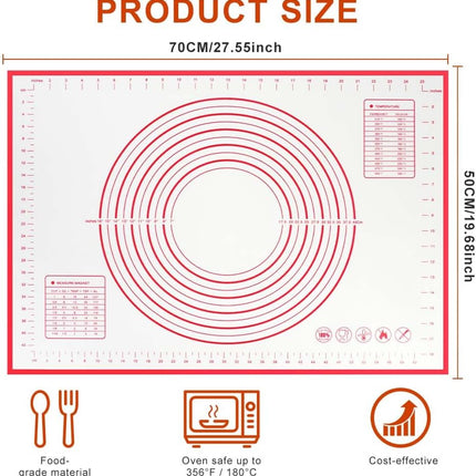 Non-stick rolling pin, 70×50cm silicone rolling pin, non-slip silicone baking mat, food plate, cake mat, cake mat, cake/pizza mat 70*50CM - red.