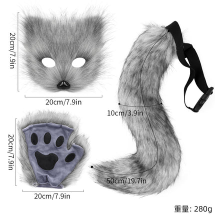 Halloween costume simulation fox mask gloves plush fox tail handmade animal tail cosplay props accessories Red, brown and white three-piece set One Size.