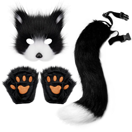 Halloween costume simulation fox mask gloves plush fox tail handmade animal tail cosplay props accessories Red, brown and white three-piece set One Size.