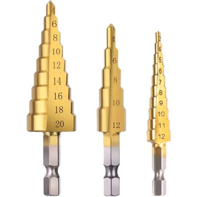 Step Drills Double Groove Countersink Drill High Speed Steel Cone Drill for Steel Wood, Plastic, Brass, Aluminum 3 pcs.