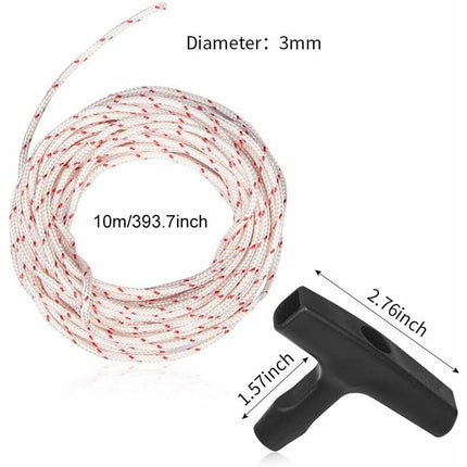 10 Meter 3.0mm Starter Cord with 3 Start Handles for Lawn Mower Chainsaw Trimmer Brushcutter Engine Parts.