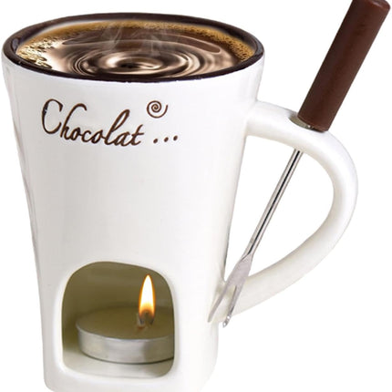 Tealight Fondue Set, Ceramic Melting Pot for Chocolate and Dessert Beige.