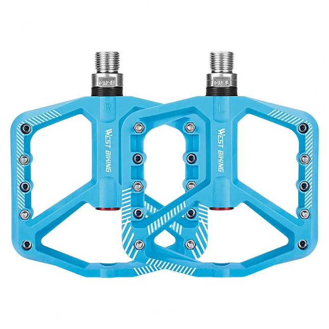 pair of wide pedals with non-slip surface and repair function, blue.
