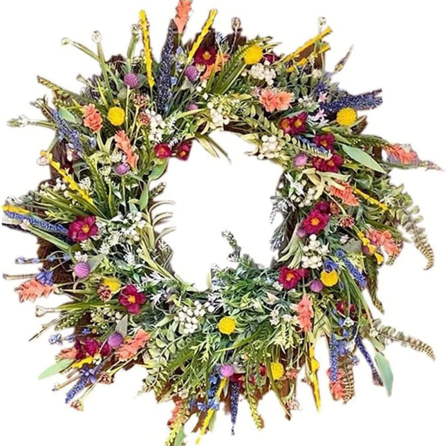Spring-Summer Door Wreath for Front Door, Artificial Wildflowers Spring Wreath, Decorative Multifunctional Wreaths Colorful Spring-Summer Garland 35cm.