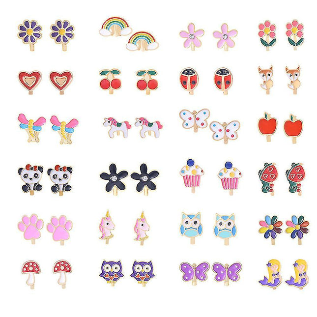 24 Pairs Girls Clip-on Earrings Children Cute Flower Metal Earring Princess Dress Up.
