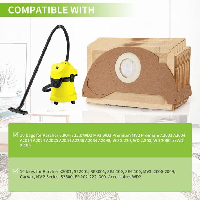 10 Replacement Filter Bags for Kärcher WD2 MV2 6.904-322.0 WD2250 A2004 A2054 Vacuum Cleaner.