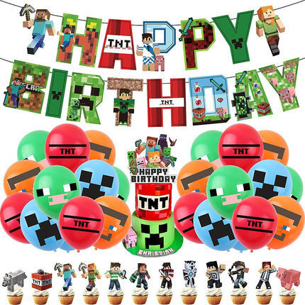 Minecraft themed birthday party balloons banner cake decorations — max.