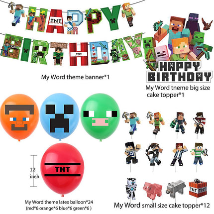 Minecraft themed birthday party balloons banner cake decorations — max.