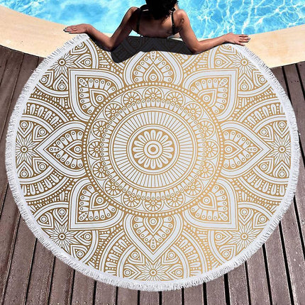 Round microfiber mandala beach towel hippie boho beach towel with tassels oversized wrap  - et tr.