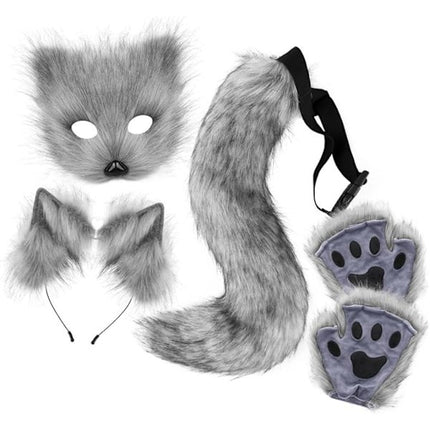 Plush mask with fox tail and ears set, cat tail fox costume cosplay costume with cat ears and paw gloves halloween cosplay gray grey.