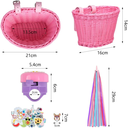 Pink purple children's bicycle basket with adjustable straps at the front.