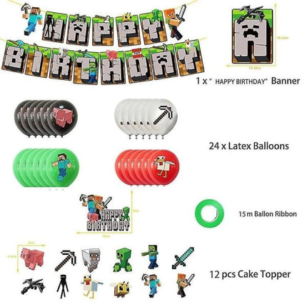 Minecraft Theme Happy Birthday Set Decoration Accessories Banner Pull Flag Cake Decorations Kit null none.