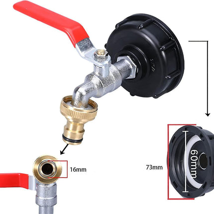 1000L tank tap with garden hose connector, S60x6 IBC tap connection.