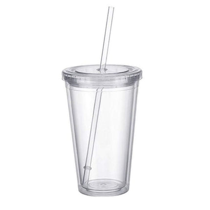Double-walled plastic mug with lid and straw, insulated coffee mug, 500 ml, transparent – max.