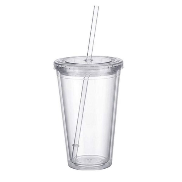 Double-walled plastic mug with lid and straw, insulated coffee mug, 500 ml, transparent – max.