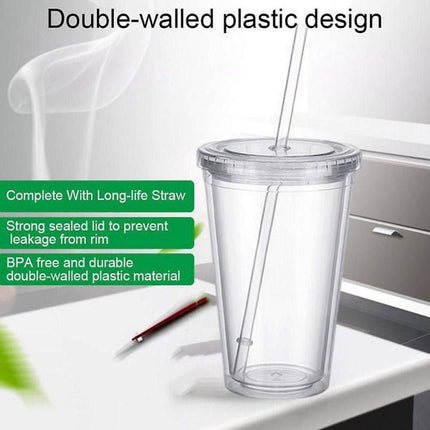 Double-walled plastic mug with lid and straw, insulated coffee mug, 500 ml, transparent – max.