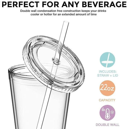 Double-walled plastic mug with lid and straw, insulated coffee mug, 500 ml, transparent – max.