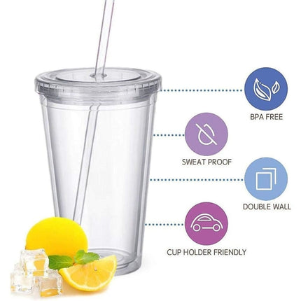 Double-walled plastic mug with lid and straw, insulated coffee mug, 500 ml, transparent – max.