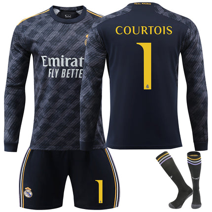 Madrid COURTOIS #5 2023/2024 RM Long Sleeve Autumn/Winter Away Football Shirt/Shorts/Socks Set Youth Kids Sizes 28