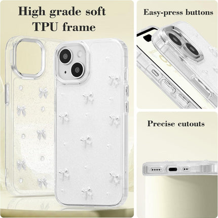 Mobile Case Compatible with iPhone 14 Plus, 3D Bowknot Mobile Case, Cute Transparent Bowknot, Thin, Soft and Durable, White White iPhone 14 Plus.