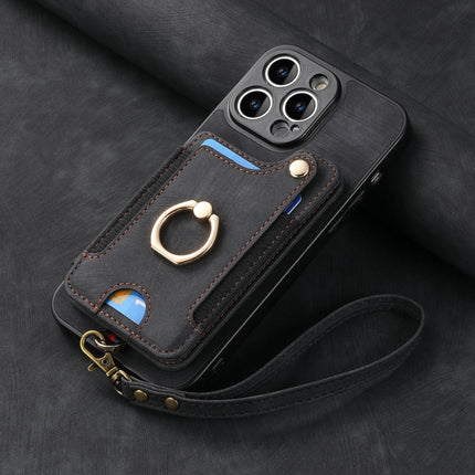 Mobile Phone Leather Case Compatible with iPhone RFID Anti-Theft Swipe Loop Buckle Rope Multifunctional Card Holder Black [With Leather Strap] Black [With Leather Lanyard]] iPhone 15 Pro Max.