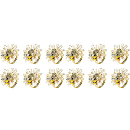 Set of 12 Daisies and Sunflowers Napkin Rings, Gold Napkin Ring Holders with Bees for Formal or Casual Dining.