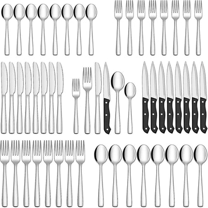 Stainless Steel Cutlery Set for 8 People with Steak Knives - 48 Pieces for Home, Kitchen, Restaurant.