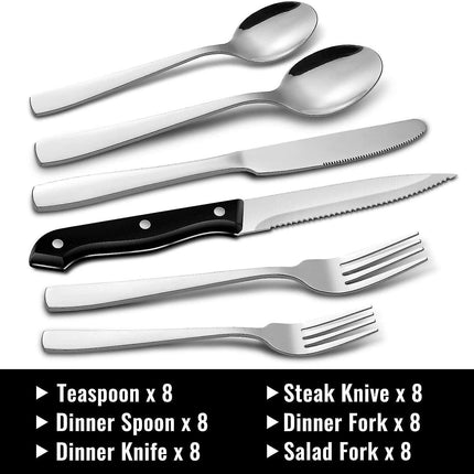 Stainless Steel Cutlery Set for 8 People with Steak Knives - 48 Pieces for Home, Kitchen, Restaurant.