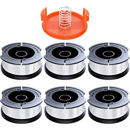 Black & Decker Trimmer Replacement Spools - 6 Pieces of 1.65mm Line, 10m Each, Includes Extra Spring & Cap.