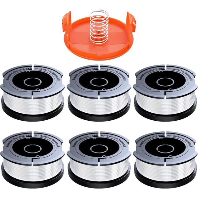 Black & Decker Trimmer Replacement Spools - 6 Pieces of 1.65mm Line, 10m Each, Includes Extra Spring & Cap.
