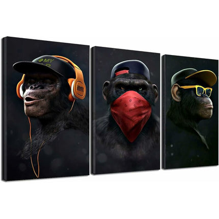 Wise Monkeys Wall Art on Canvas - Modern Home Decor - 30 x 50 cm, 3 Pieces.