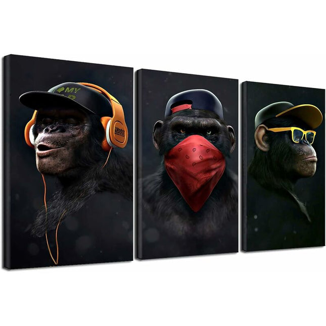 Wise Monkeys Wall Art on Canvas - Modern Home Decor - 30 x 50 cm, 3 Pieces.