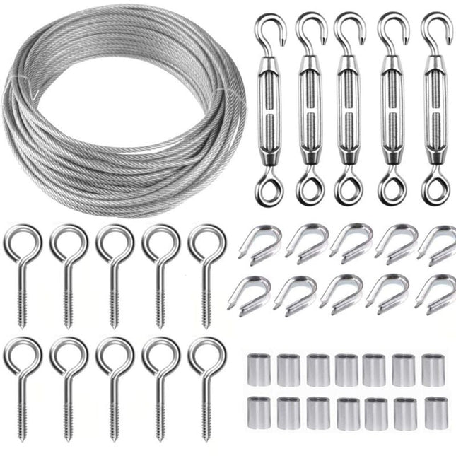 30M/2mm Stainless Steel Wire Kit with M5 Tensioner for Plants, Clothesline, Railings.