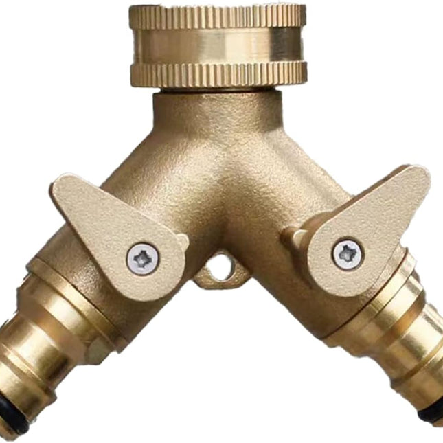 2-way brass tap connector, with single valves, yellow