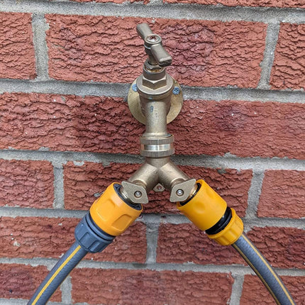 2-way brass tap connector, with single valves, yellow.