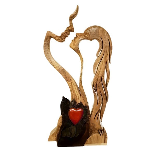 Romantic Abstract Statue Love Heart Kissing Couple Wooden Figures Sculpture.