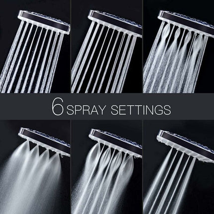 Shower Head, Large Square Shower Head with One-Hand Control, High Pressure Shower Head with 6 Shower Modes, Chrome, from DEBUNS.