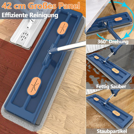 Large Flat Mop with 360° Rotatable Wringing Function, Microfiber Pads for Hardwood Blue + 2 rags.