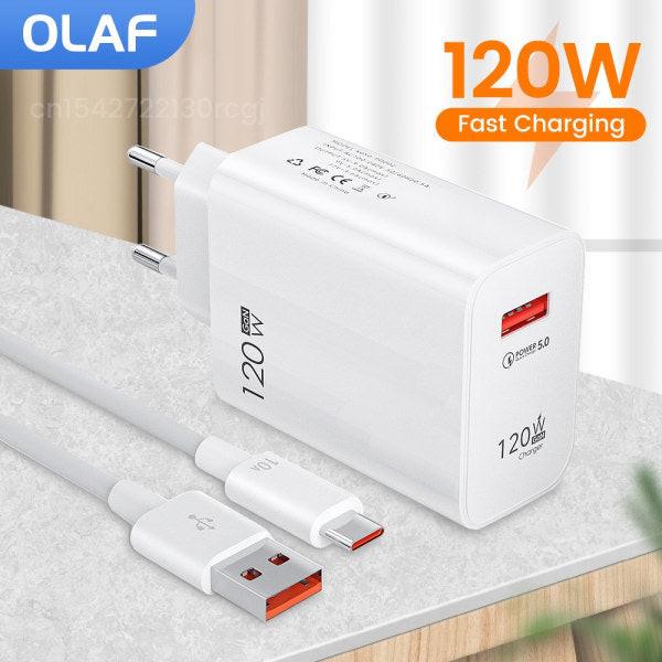 120W USB Charger Fast Charging QC3.0 USB C Cable Type C Cable Mobile Phone Charger for Huawei Samsung Xiaomi Fast Charging EU-White-10A.