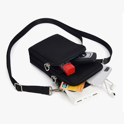 Mobile Phone Bag with Shoulder Strap in Durable Nylon and Polyester - Black.