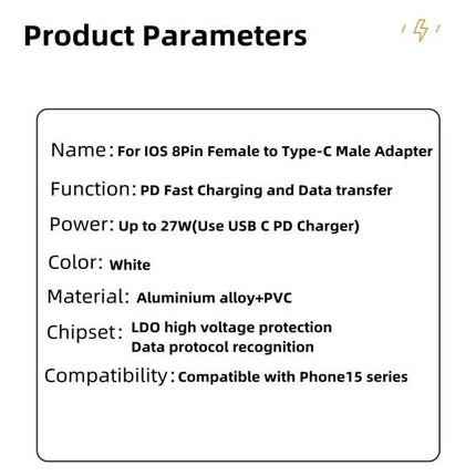 Compatible with iPhone, Lightning to USB-C adapter compatible with e.g. iPhone 15 White.