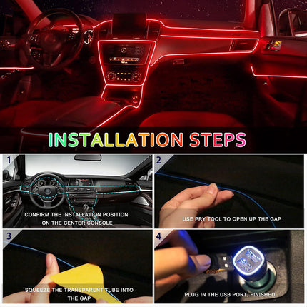 Car LED Interior Strip Light 3m USB Neon Wire Lamps Glowing Ambient Lighting Car Decorations Interior Red.